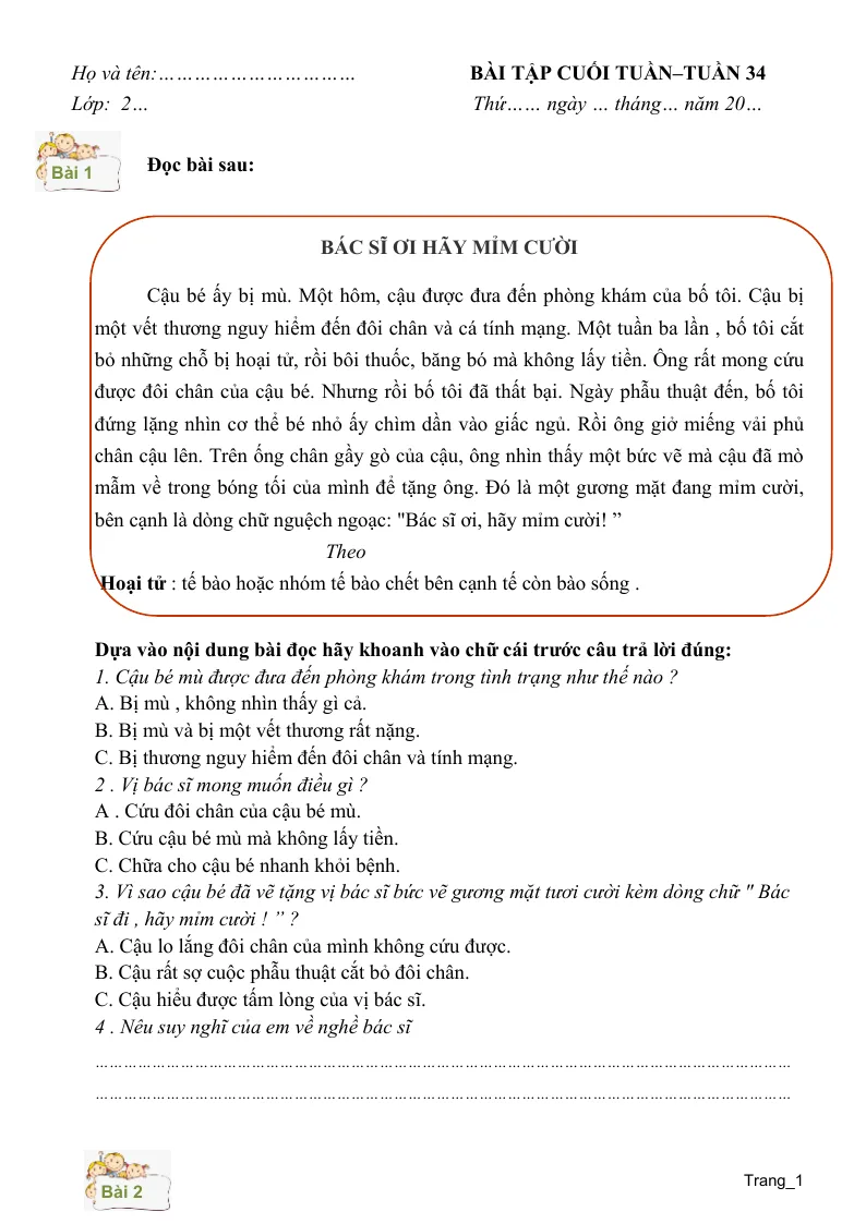 Phiếu Cuối Tuần Tiếng Việt 2 Tuần 34