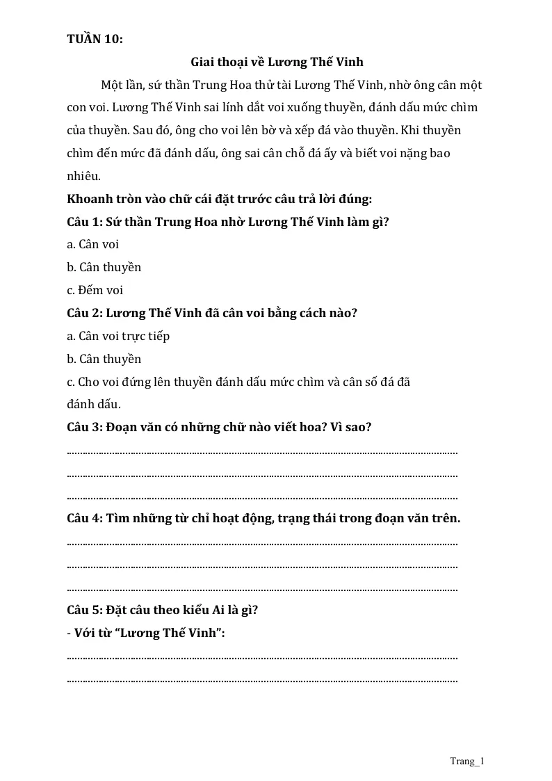 Phiếu Cuối Tuần Tiếng Việt 2 Tuần 10