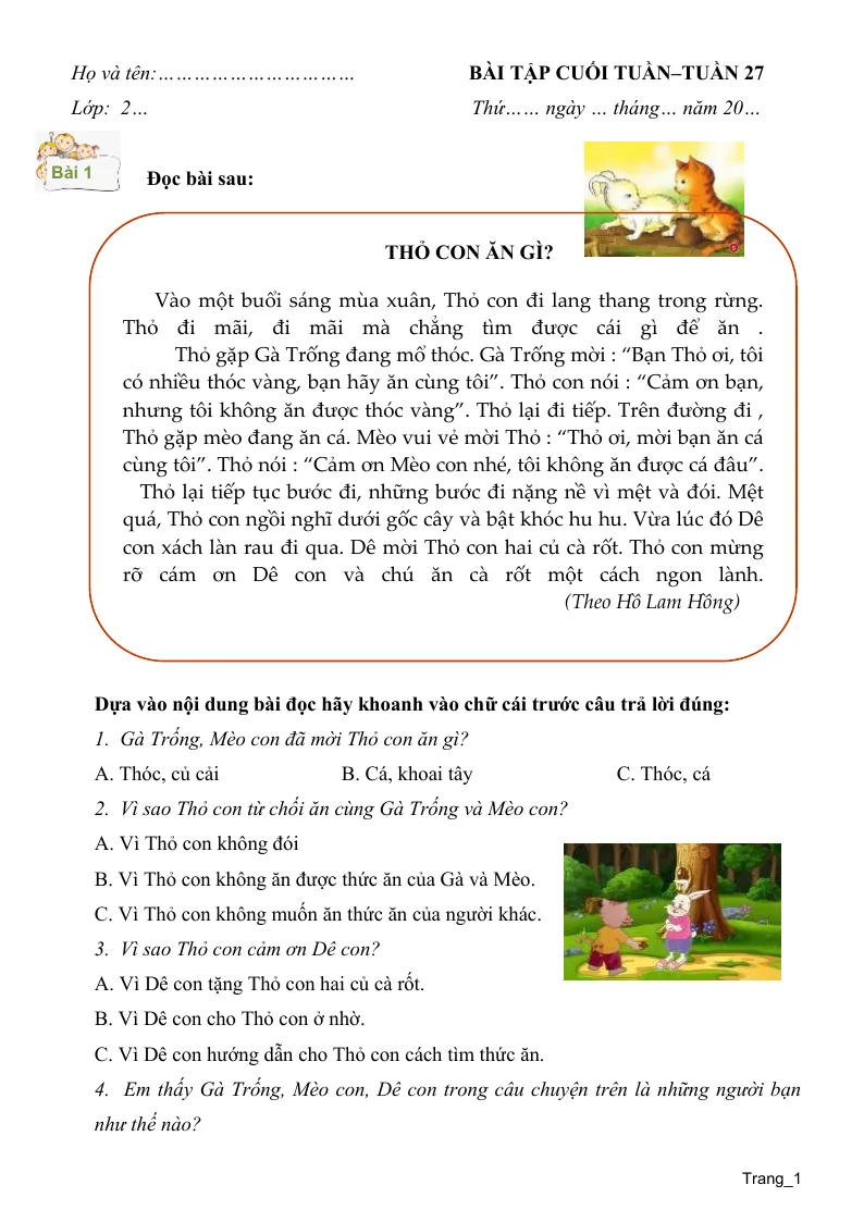 Phiếu Cuối Tuần Tiếng Việt 2 Tuần 27