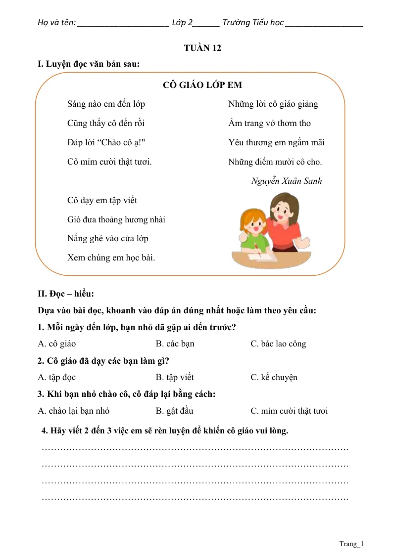Phiếu Cuối Tuần Tiếng Việt 2 Tuần 12