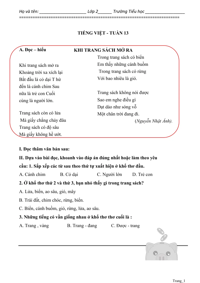 Phiếu Cuối Tuần Tiếng Việt 2 Tuần 13