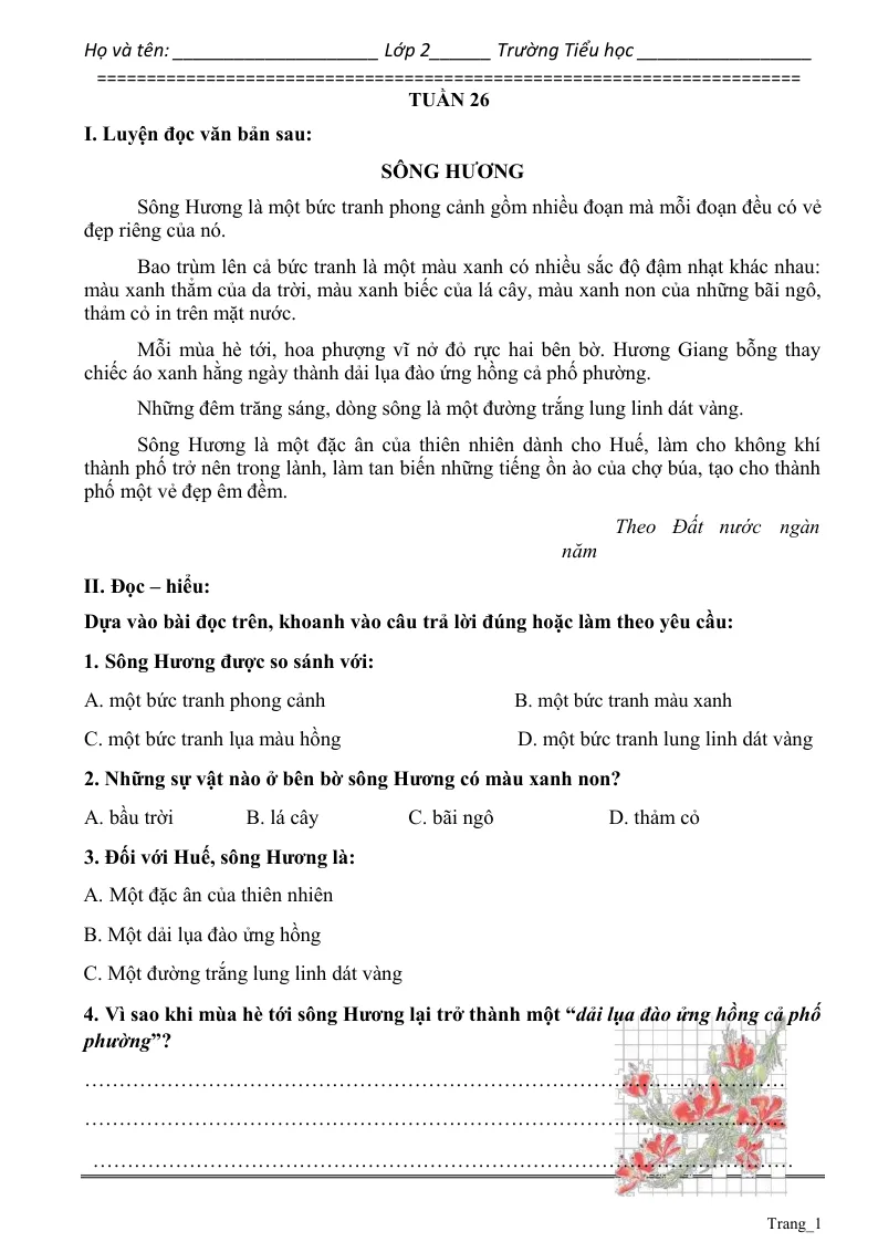 Phiếu Cuối Tuần Tiếng Việt 2 Tuần 26