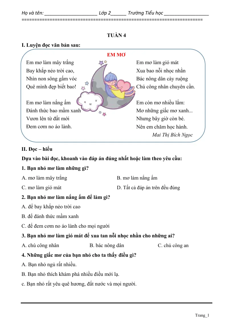 Phiếu Cuối Tuần Tiếng Việt 2 Tuần 4