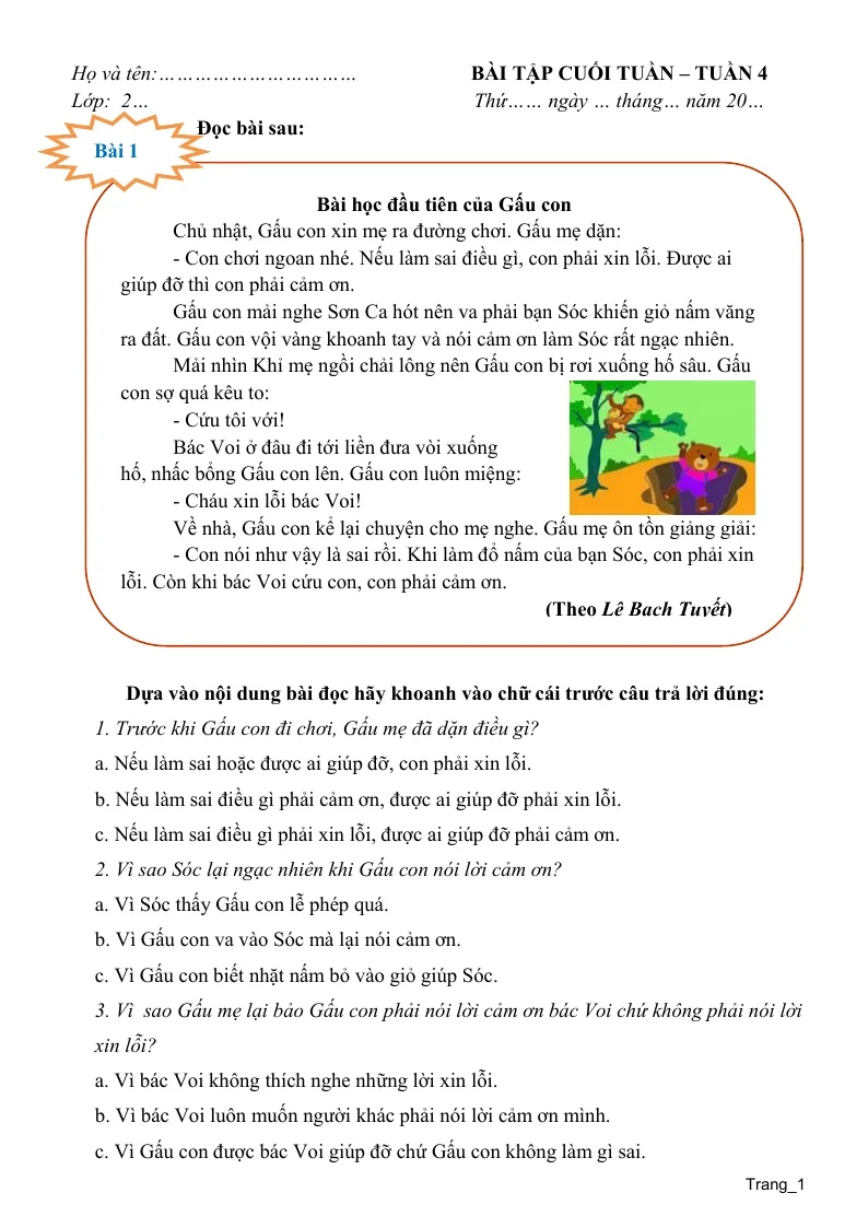 Phiếu Cuối Tuần Tiếng Việt 2 Tuần 4