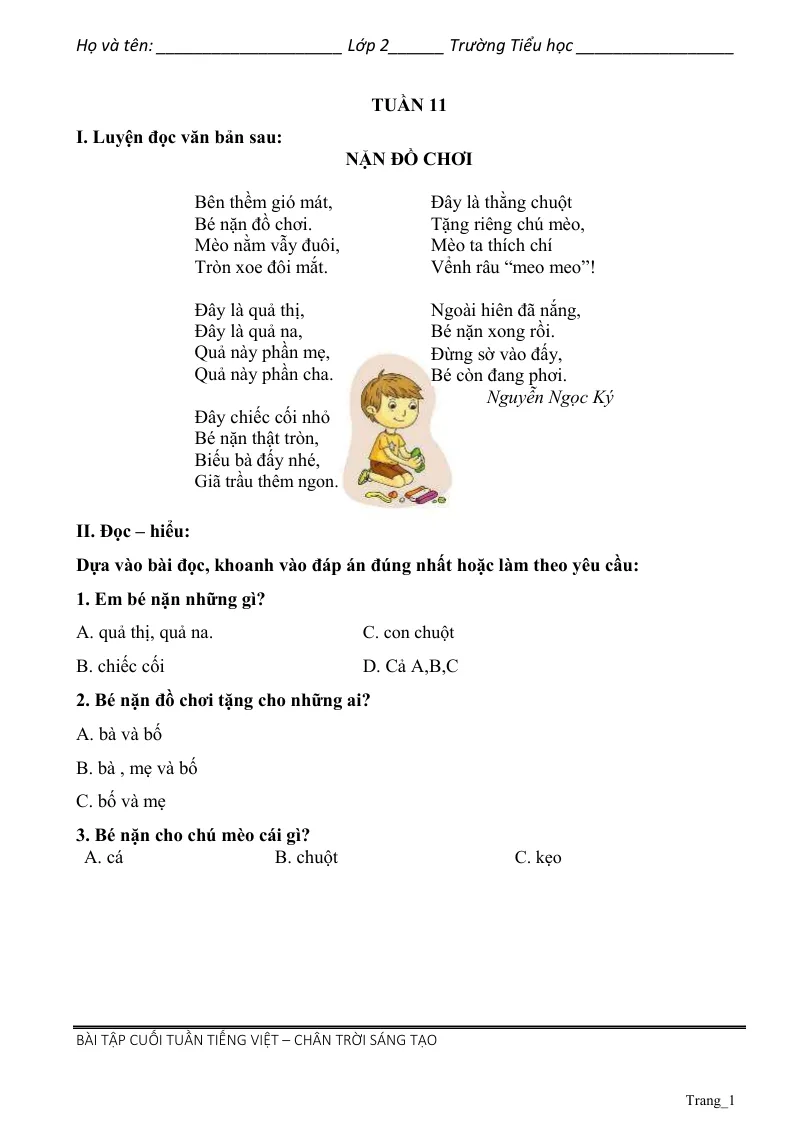 Phiếu Cuối Tuần Tiếng Việt 2 Tuần 11