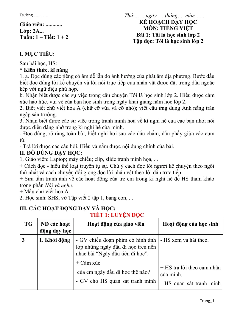 Giáo Án Tiếng Việt 2 Sách Học Kỳ 1 Theo Công Văn 5512