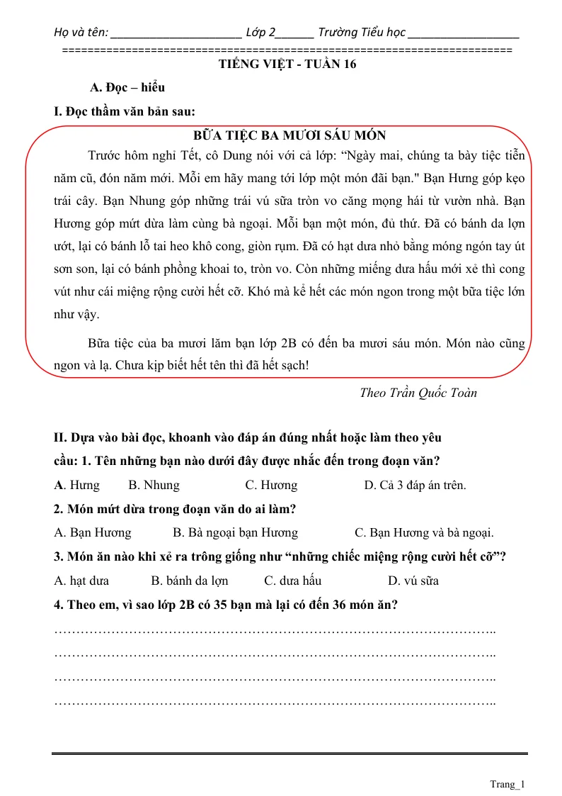 Phiếu Cuối Tuần Tiếng Việt 2 Tuần 16