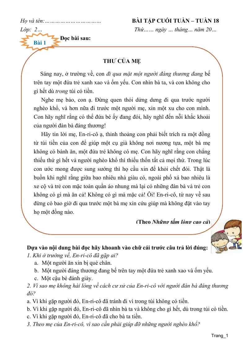Phiếu Cuối Tuần Tiếng Việt 2 Tuần 18