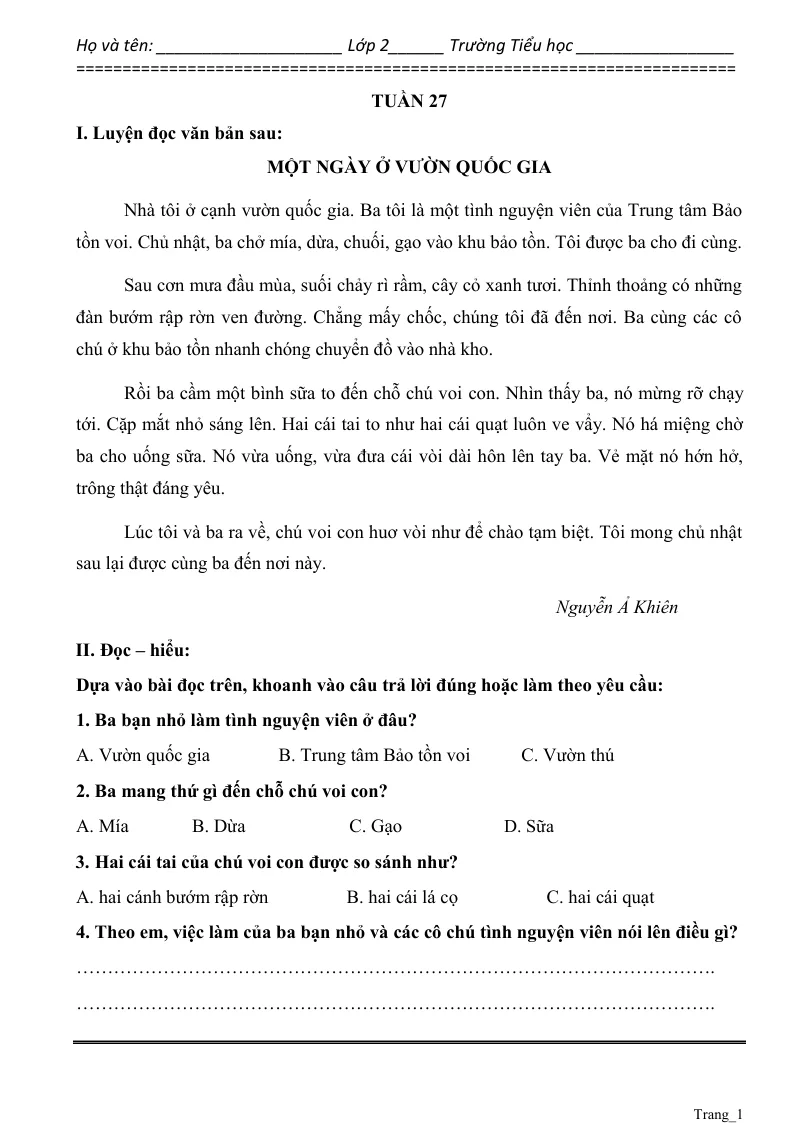 Phiếu Cuối Tuần Tiếng Việt 2 Tuần 27