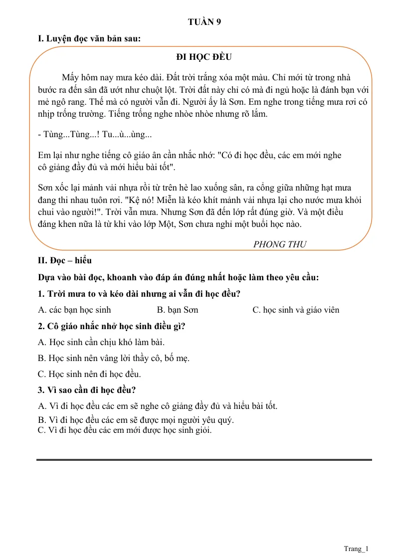 Phiếu Cuối Tuần Tiếng Việt 2 Tuần 9