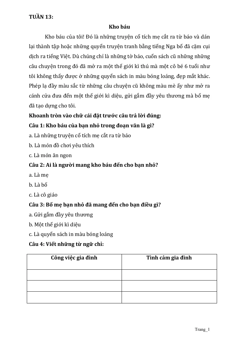 Phiếu Cuối Tuần Tiếng Việt 2 Tuần 13