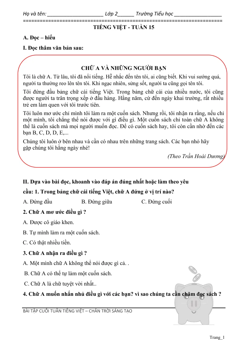 Phiếu Cuối Tuần Tiếng Việt 2 Tuần 15