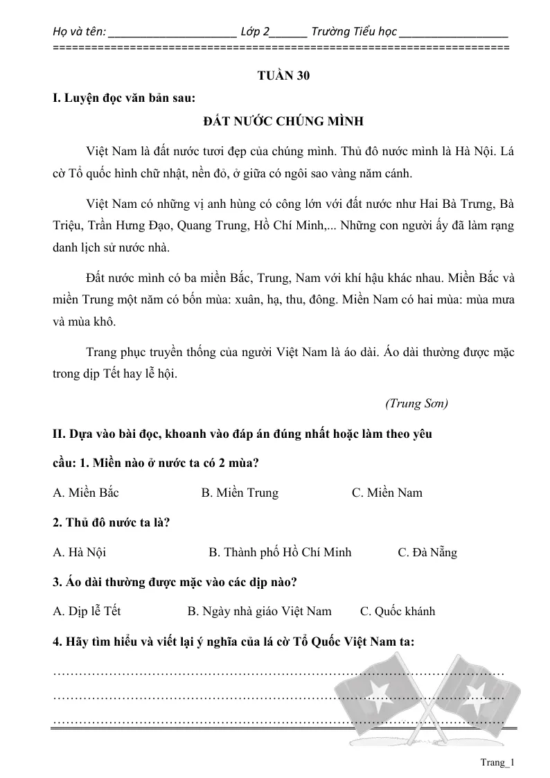 Phiếu Cuối Tuần Tiếng Việt 2 Tuần 30