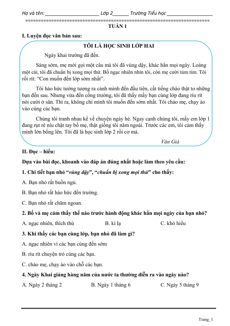 Phiếu Cuối Tuần Tiếng Việt 2 Tuần 1