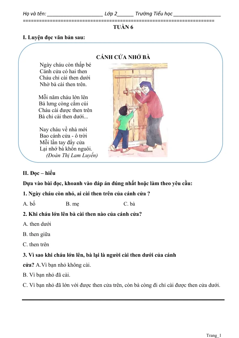 Phiếu Cuối Tuần Tiếng Việt 2 Tuần 6