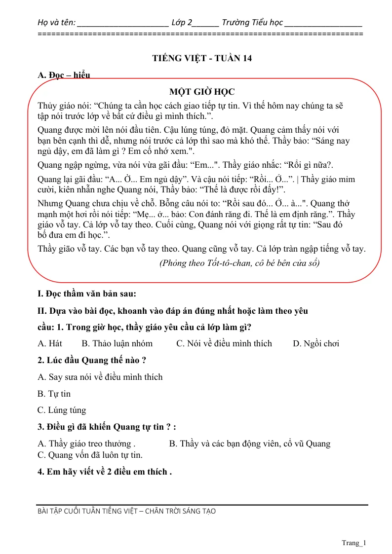 Phiếu Cuối Tuần Tiếng Việt 2 Tuần 14
