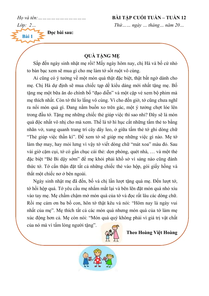 Phiếu Cuối Tuần Tiếng Việt 2 Tuần 12