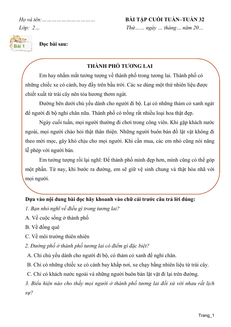 Phiếu Cuối Tuần Tiếng Việt 2 Tuần 32