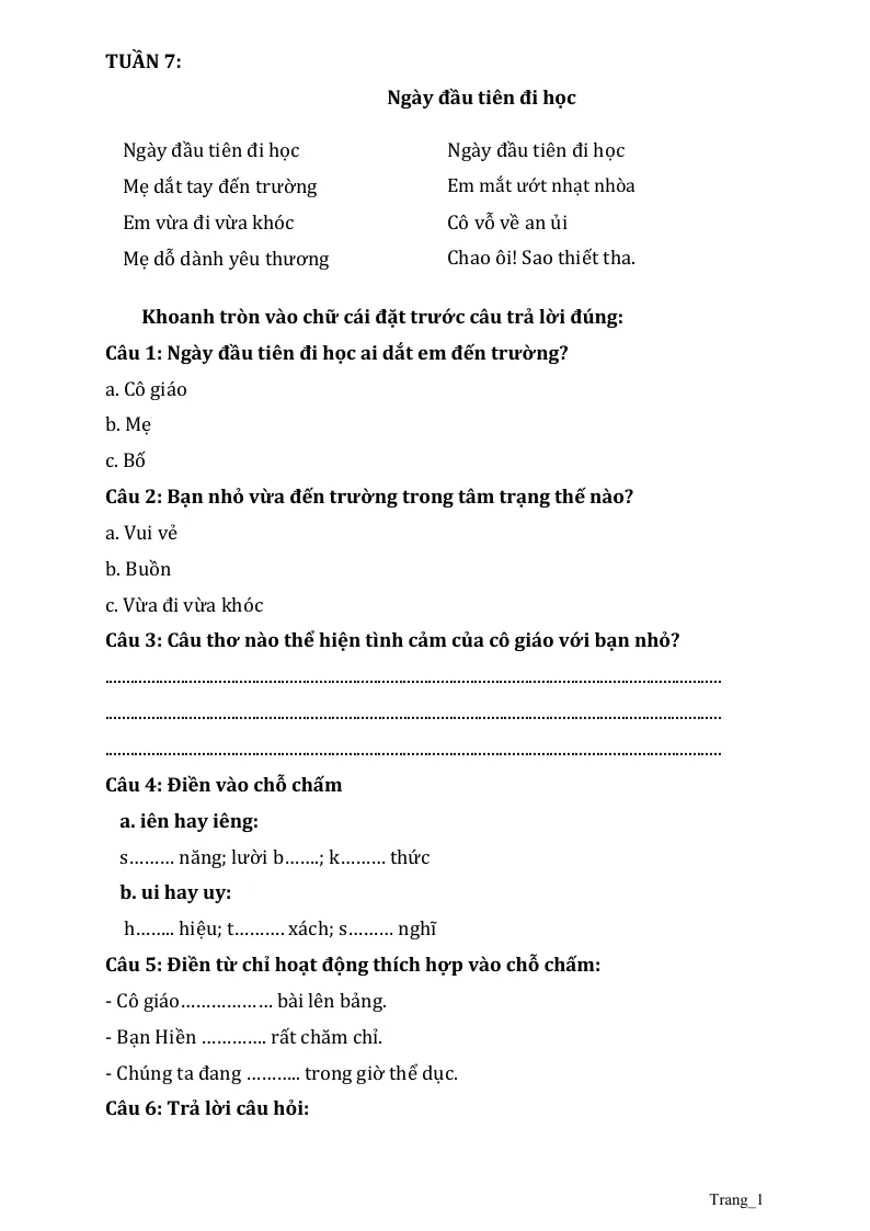 Phiếu Cuối Tuần Tiếng Việt 2 Tuần 7