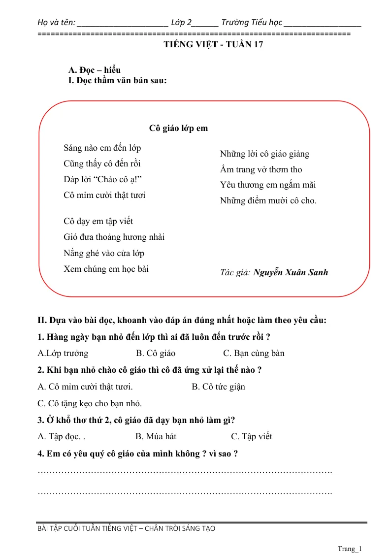 Phiếu Cuối Tuần Tiếng Việt 2 Tuần 17