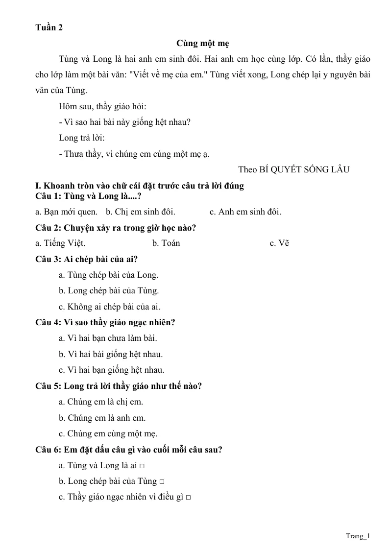 Phiếu Cuối Tuần Tiếng Việt 2 Tuần 2