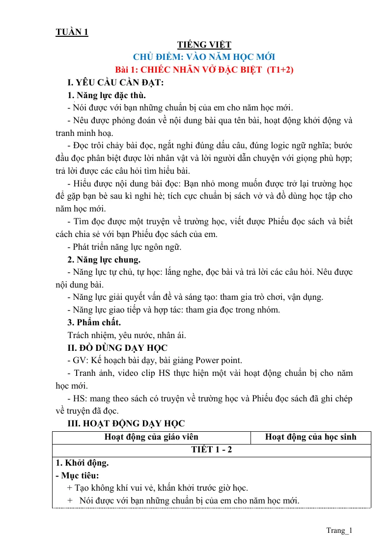 Giáo Án Tiếng Việt 3 Tuần 1