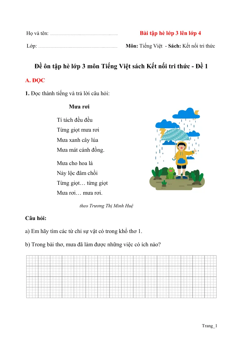 Bộ Đề Ôn Hè Tiếng Việt Lớp 3 Lên 4