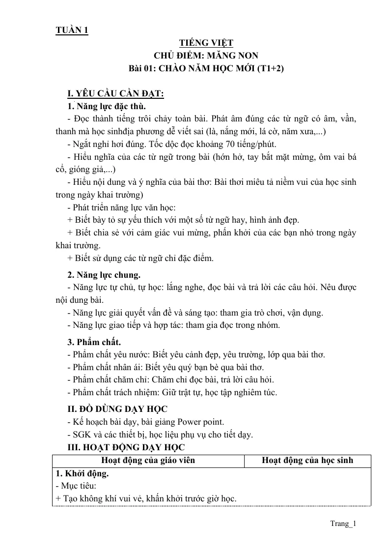 Giáo Án Tiếng Việt 3 Học Kỳ 1 Rất Hay