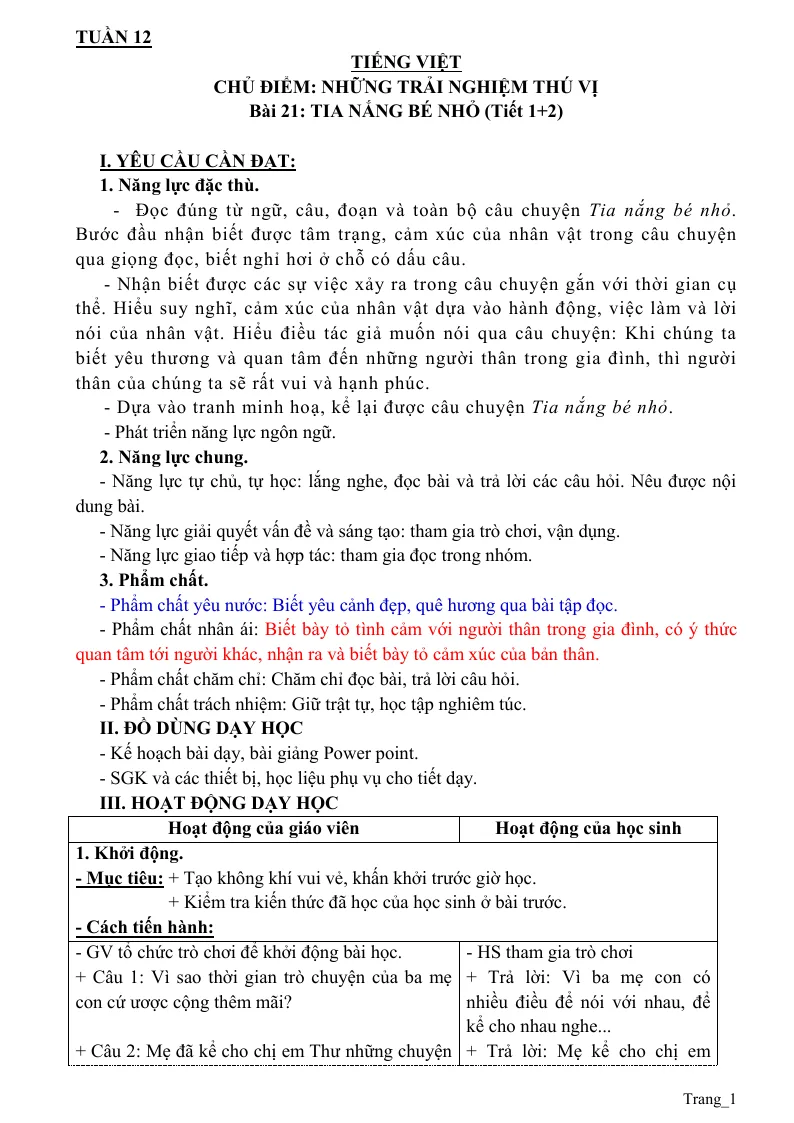 Giáo Án Tiếng Việt 3 Tuần 12