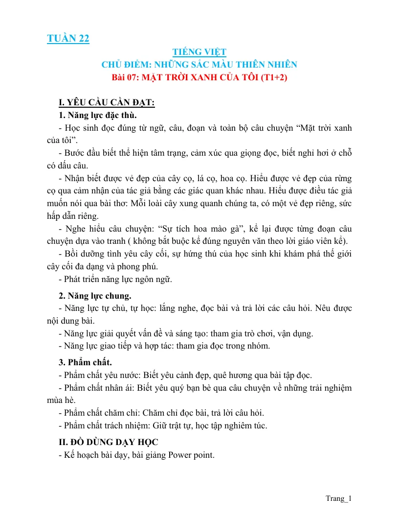 Giáo Án Tiếng Việt 3 Tuần 22