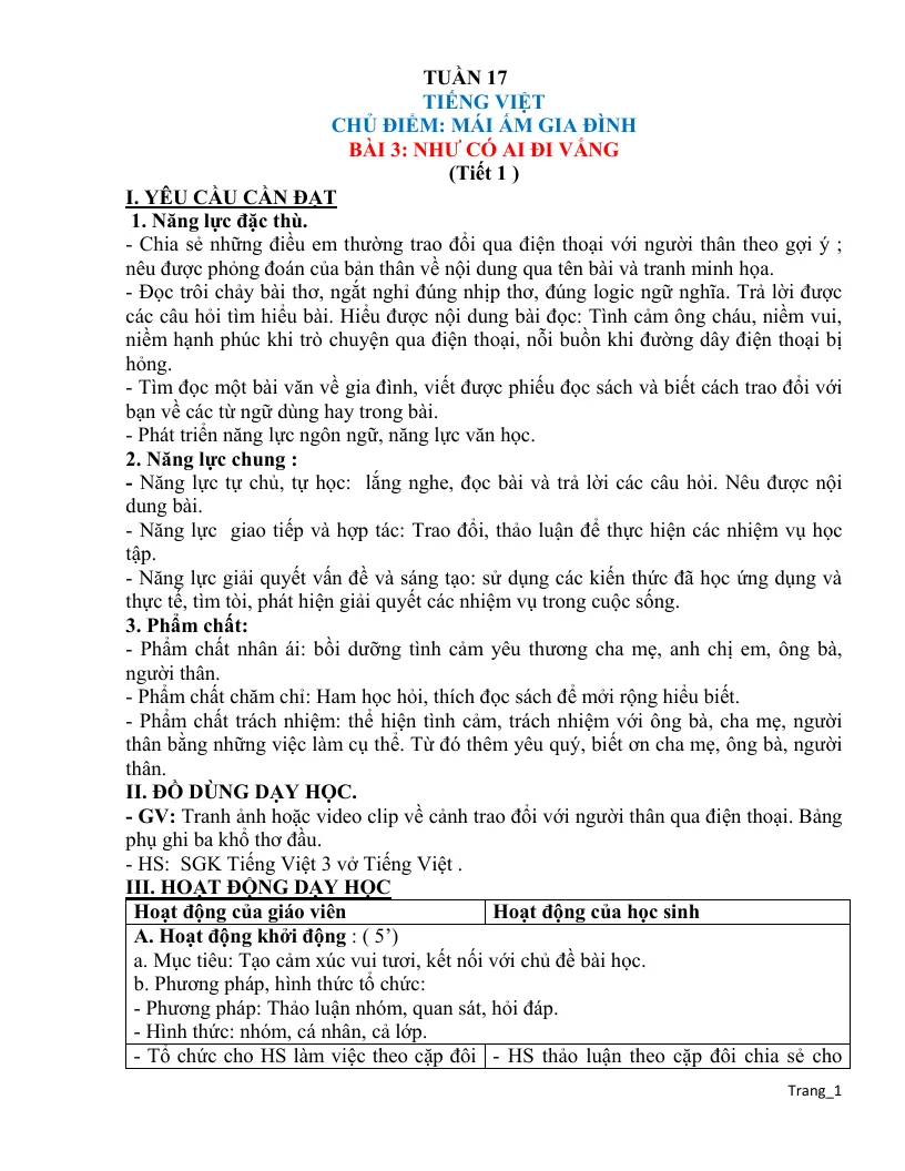 Giáo Án Tiếng Việt 3 Sách CTST Tuần 17