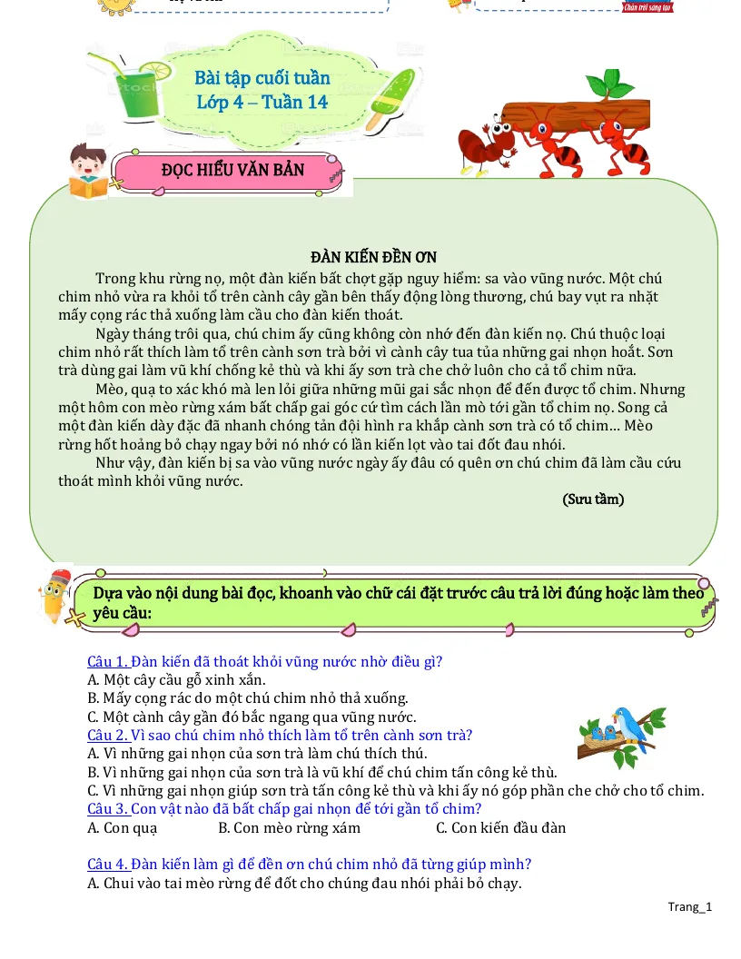 Bài Tập Cuối Tuần Tiếng Việt 4 Tuần 14