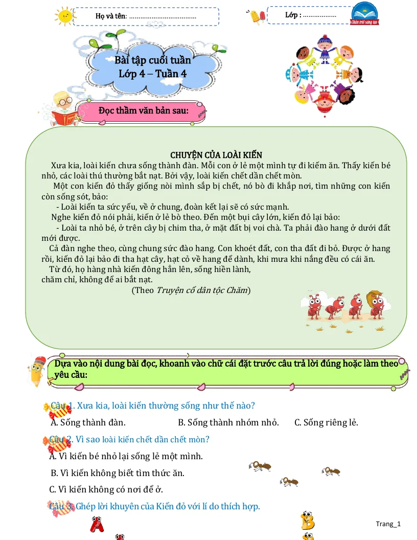 Bài Tập Cuối Tuần Tiếng Việt 4 Tuần 4