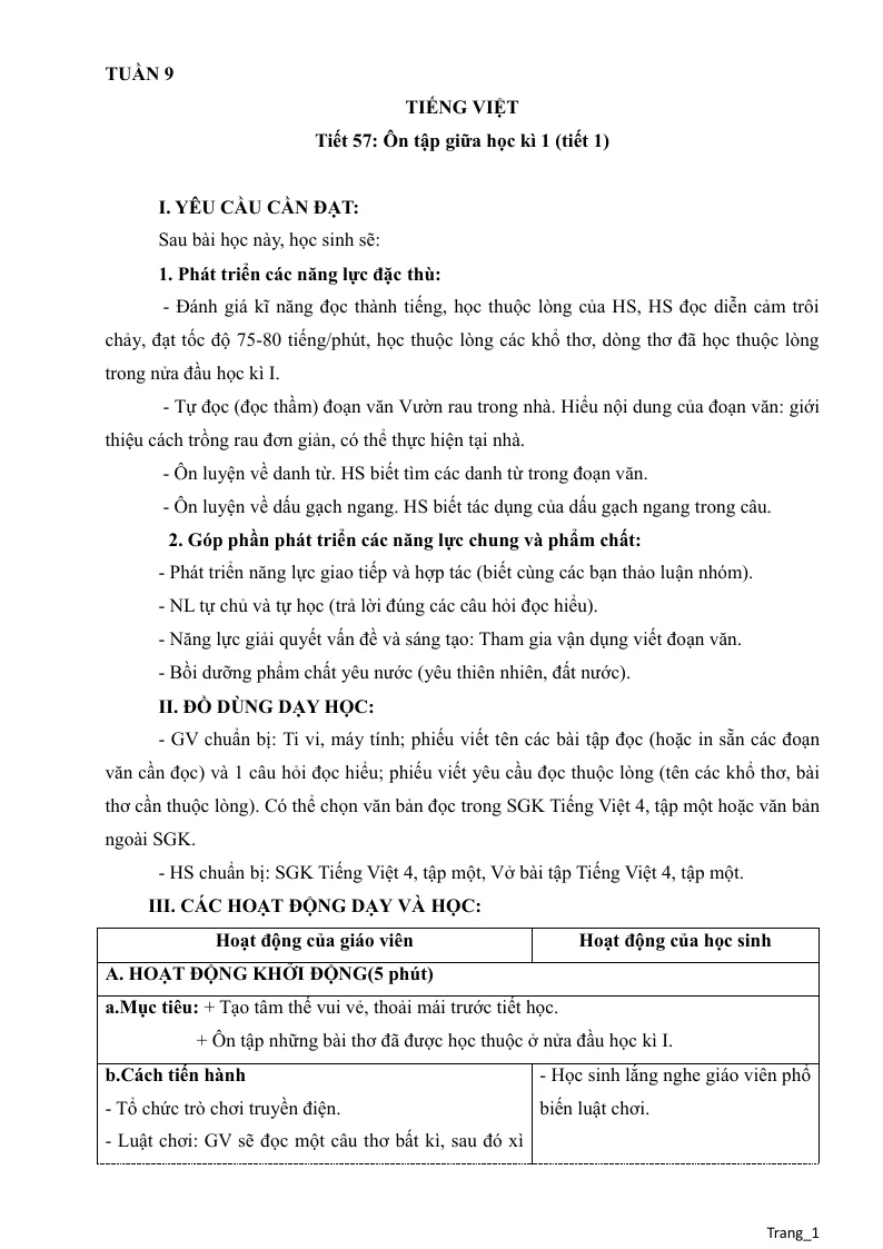 Giáo Án Môn Tiếng Việt Lớp 4 Tuần 9