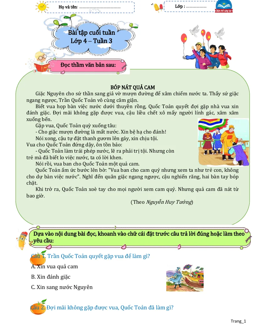 Bài Tập Cuối Tuần Tiếng Việt 4 Tuần 3