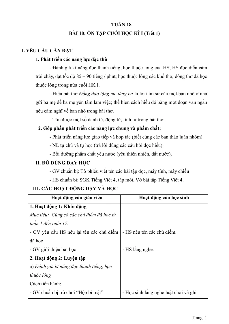 Giáo Án Môn Tiếng Việt Lớp 4 Tuần 18