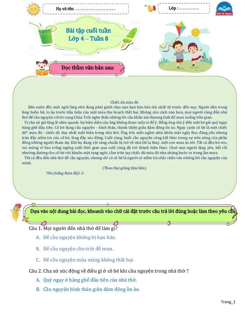 Bài Tập Cuối Tuần Tiếng Việt 4 Tuần 8