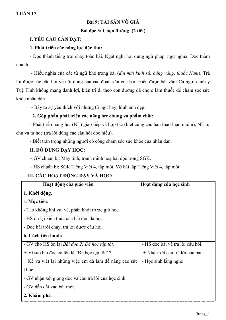 Giáo Án Môn Tiếng Việt Lớp 4 Tuần 17