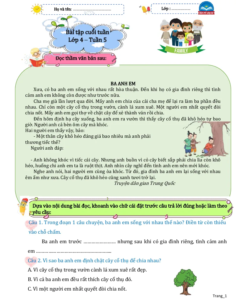 Bài Tập Cuối Tuần Tiếng Việt 4 Tuần 5