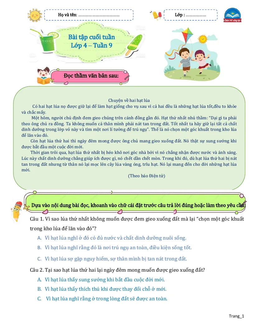 Bài Tập Cuối Tuần Tiếng Việt 4 Tuần 9
