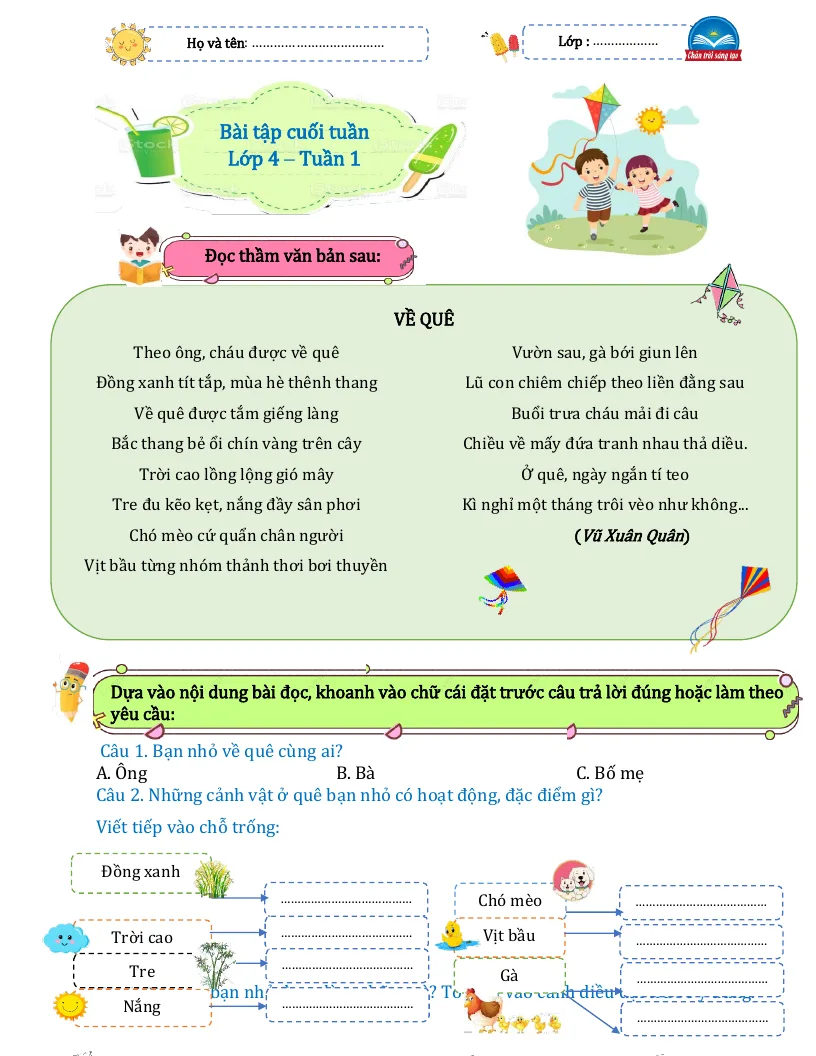 Bài Tập Cuối Tuần Tiếng Việt 4 Tuần 1