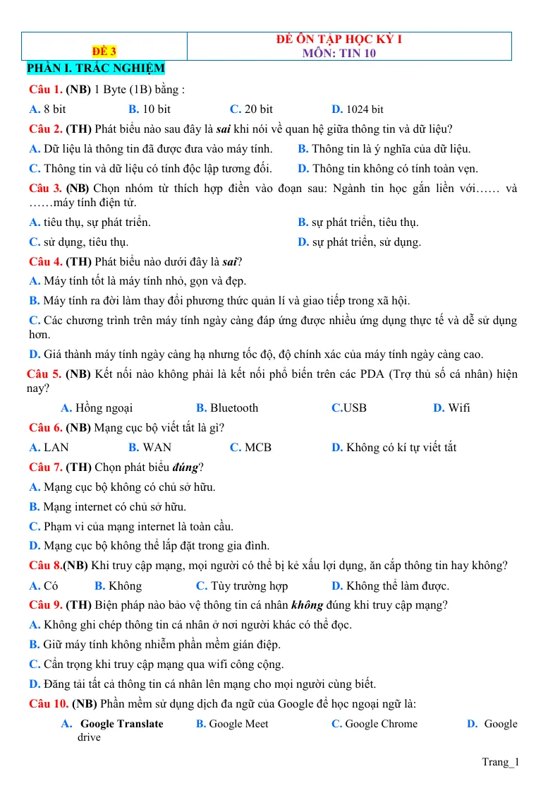 Đề Thi HK 1 Tin 10 Có Đáp Án - Đề 3