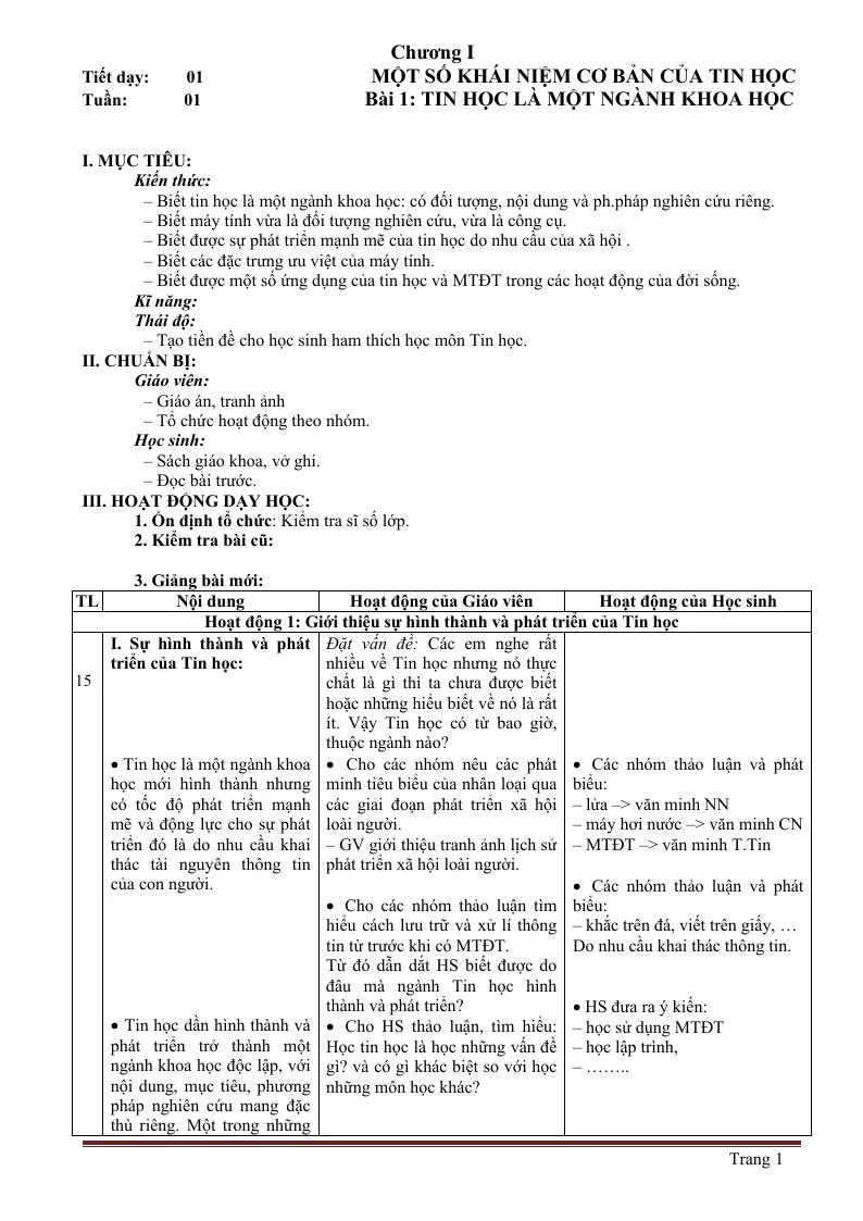 Giáo Án Môn Tin 10 Cả Năm Chương Trình Chuẩn 3 Cột