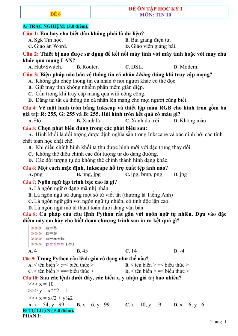 Đề Ôn Thi HK 1 Tin 10 Có Đáp Án - Đề 6