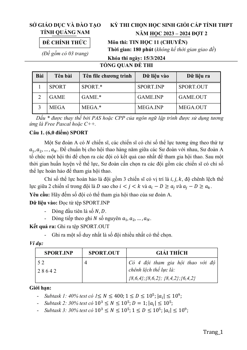 Đề Thi HSG Tin 11 Sở GD Quảng Nam 2023 - 2024