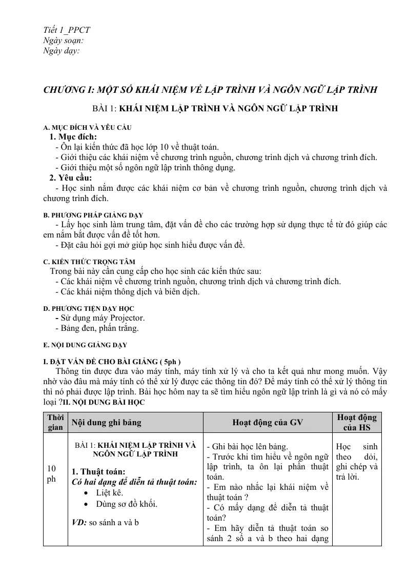 Giáo Án Môn Tin 11 Cả Năm Chương Trình Chuẩn 3 Cột