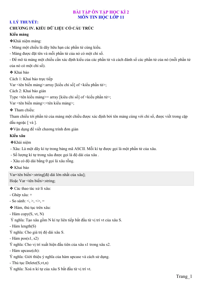 Đề Cương Ôn Thi Môn Tin 11 Học Kỳ 2