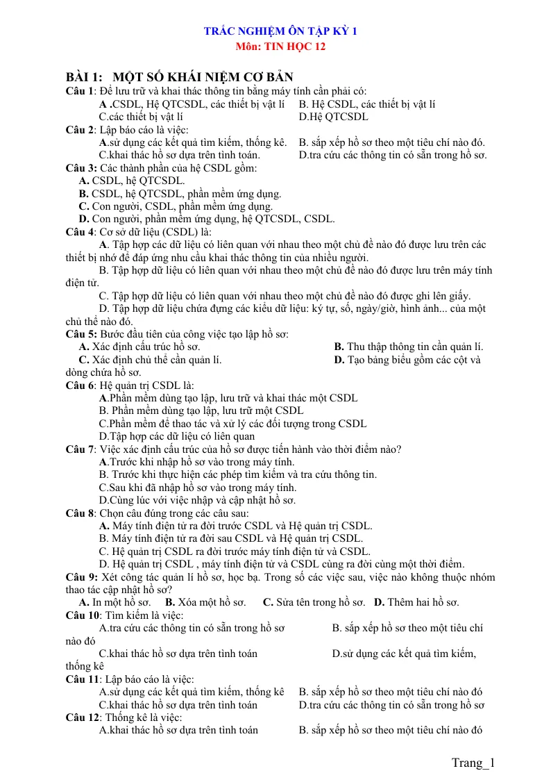 Trắc Nghiệm Ôn Thi Môn Tin 12 HK1