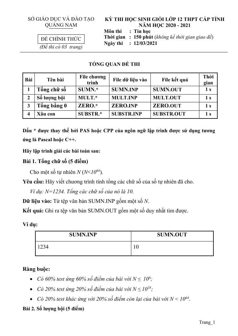 Đề Thi HSG Tin Học 12 Sở Giáo Dục Quảng Nam 2021