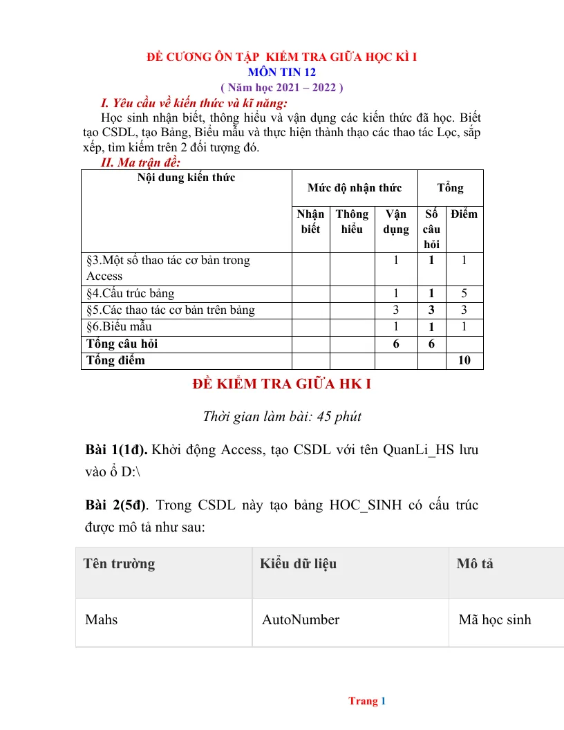 Đề Cương Ôn Tập Môn Tin 12 Giữa Học Kỳ 1